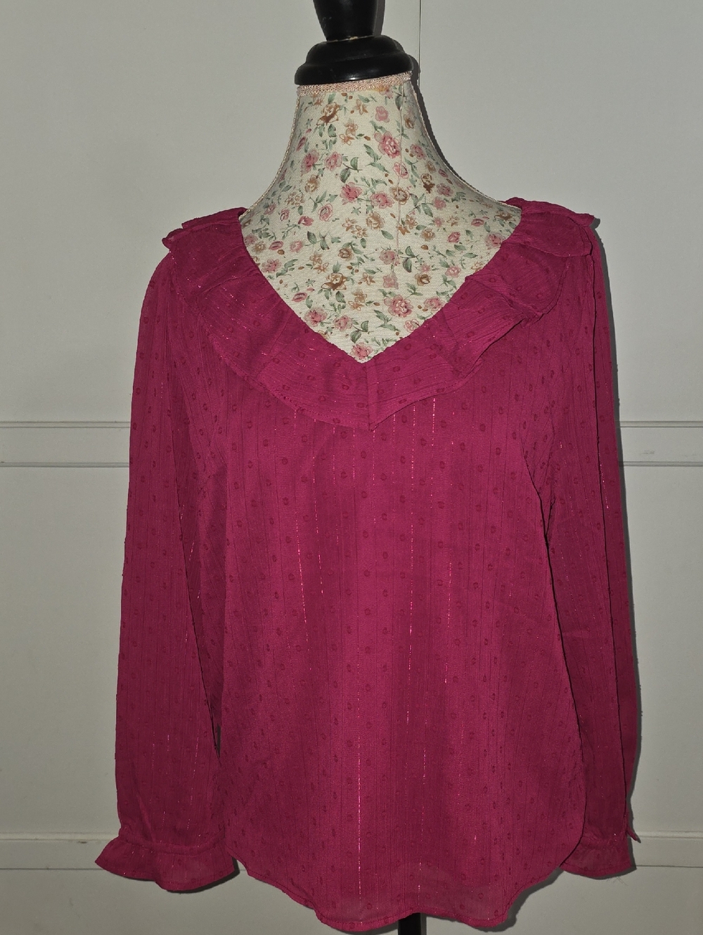 J. Crew Fuchsia Ruffled V-Neck Long Sleeve Blouse